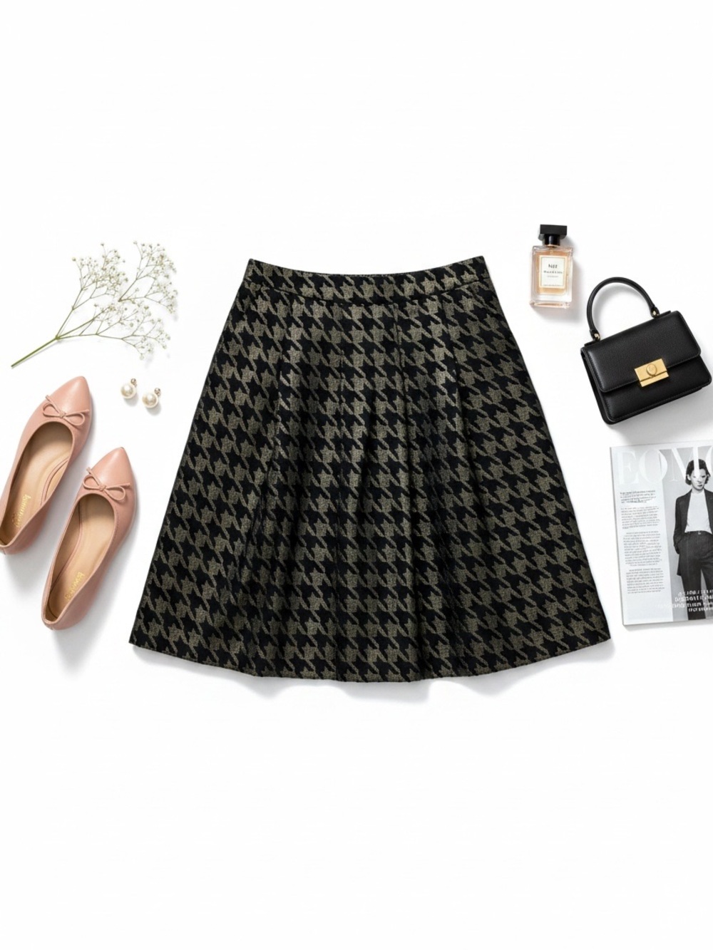 Ann Taylor Black and Gold Shimmer Houndstooth Full Skirt Size 4 EUC